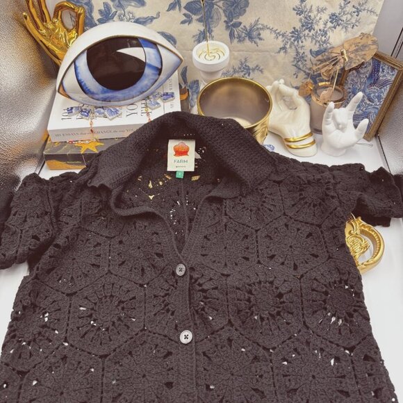 🆕 FARM Rio 🧿 NWOT Black Semisheer Floral Button-Up Crochet Cover-Up Dress, S - Picture 2 of 16